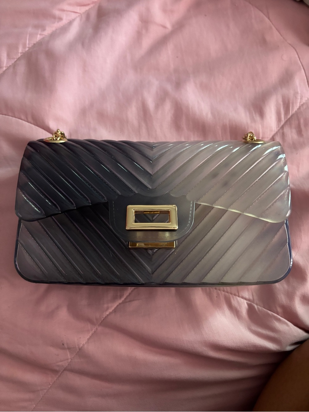 Chevron Quilted Clear Jelly Shoulder Bag with Gold Hardware - Purple